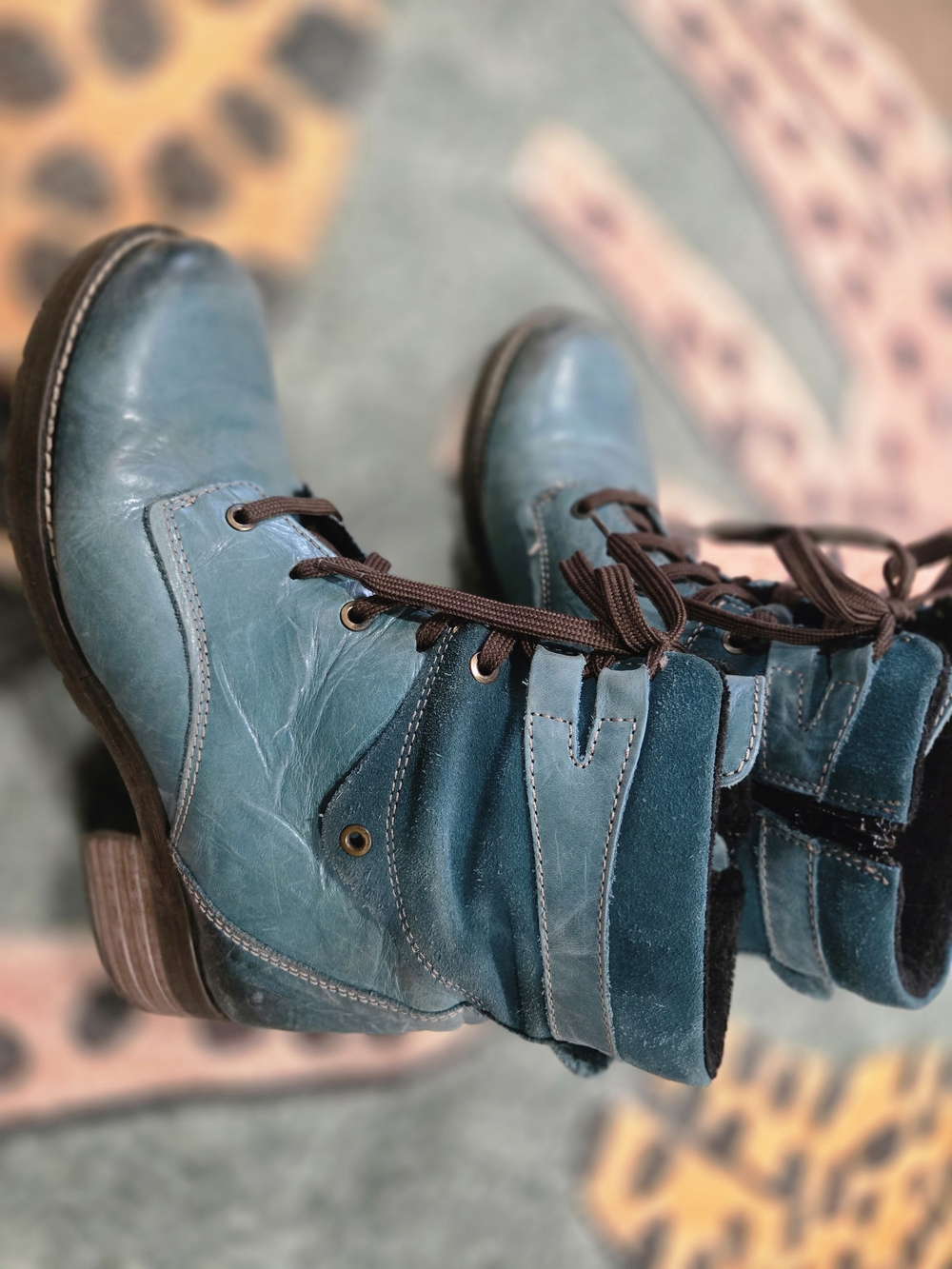 Women's Teal Lace-Up Suede & Leather Ankle Boots